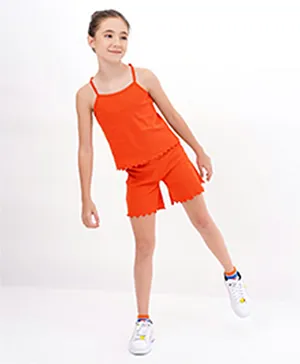 Primo Gino 2 x 2 Rib Set Of Sleeveless T-shirt & Shorts With Lettuce Hem Finish In Cotton Elastane Fabric - Burnt Orange