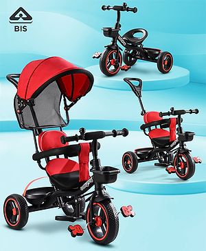 Babyhug  Plug & Play Stallion Tricycle with Parental Push Handle & Foldable Canopy - Red Black