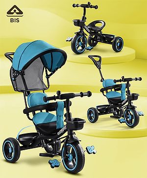 Babyhug Plug & Play Stallion Tricycle with Parental Push Handle & Foldable Canopy - Teal Blue