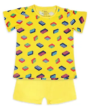 SuperBottoms Half Sleeves All Over Lego Printed Top With Solid Shorts - Yellow & Red