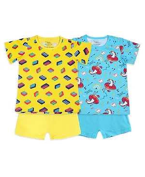 Superbottoms Pack of 2 Short Sleeves Lego And Unicorn Printed Top With Shorts - Yellow Blue