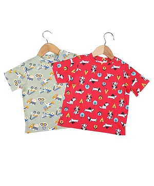 Superbottoms Pack Of 2 Short Sleeves All Over Dog And Vehicle Printed Tee - Red & Grey