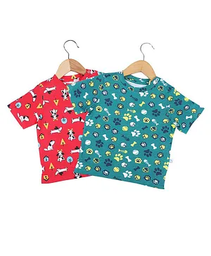 SuperBottoms Pack Of 2 Half Sleeves Dog & Dog Treats Print Tees - Red & Green