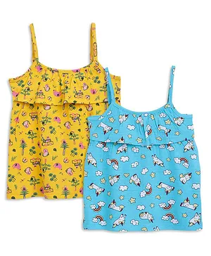 SuperBottoms Pack Of 2 Sleeveless All Over Forest & Unicorn Rainbow Magic Print Tops - Yellow & Blue