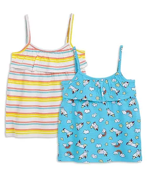 SuperBottoms Pack Of 2 Sleeveless Striped & Unicorn Rainbow Magic All Over Print Tops - White & Blue