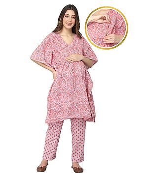 Zelena Three Fourth Sleeves Kaftan Printed Flared Kurta Pyjama Set - Purple