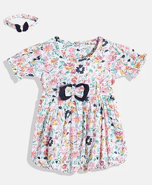 Bella Moda Short Balloon Sleeves All Over Floral Printed Fit & Flared Dress With Front Bow & Coordinating Hair Band - White