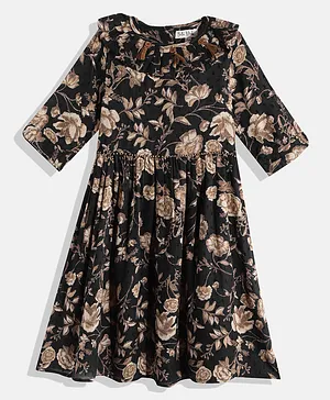 Bella Moda Three Fourth Sleeves Flounced Collared Floral Printed Dress - Black