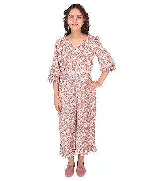 Cutecumber Three Fourth Sleeves Floral Printed Pleated Detail Crop Length Jumpsuit - Dusty Pink