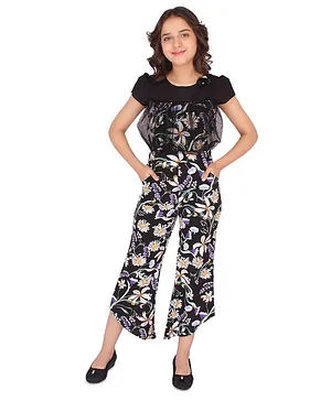 Cutecumber Half Sleeves Floral Printed Crop Length Jumpsuit -Black