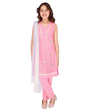 Cutecumber Sleeveless Chemical Laced Embroidered Kurta & Pyjama With Dupatta - Pink