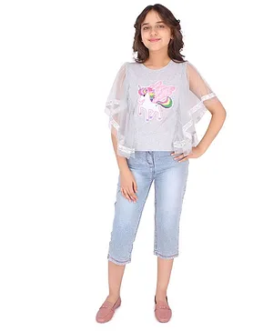 Cutecumber Flutter Sleeves Unicorn Patch Embellished Top - Grey