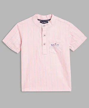 Blue Giraffe Half Sleeves Striped & Logo Pocket Placement Printed Shirt - Pink