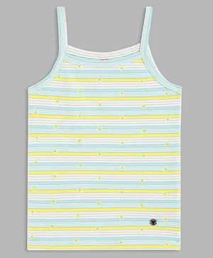 Blue Giraffe Sleeveless Daisy Flower Embroidered Striped Ribbed Tank Top - Sea Green Yellow & White