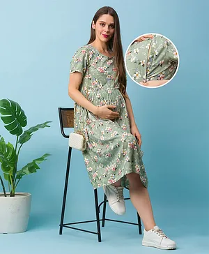 Bella Mama Short Sleeves Maternity Nursing Dress Floral Print - Light Green