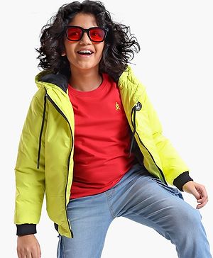 Pine Kids Full Sleeves Moderate Winter Solid Puffed Hooded Jacket - Neon Green