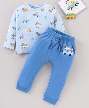 Babyhug Full Sleeves T-Shirt & Lounge Pant Set Multiprint - Blue