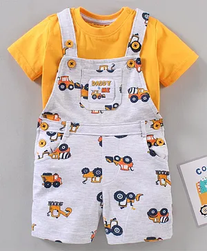 Babyhug Cotton Knit Half Sleeves Tee & Dungaree Set Vehicles Print - Yellow Cream