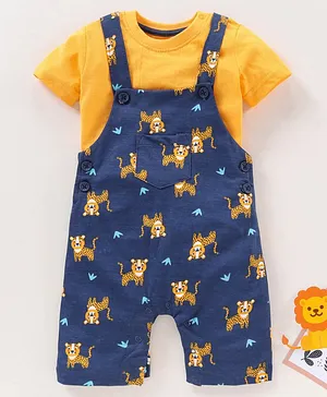 Babyhug Half Sleeves Dungaree Style Romper With Inner Tee Leopard Print - Yellow Blue