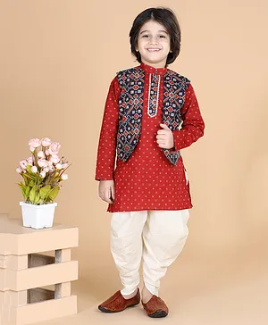 LIL PITAARA Pure Cotton Full Sleeves Patola Printed Kurta With Attached Jacket & Dhoti - Red