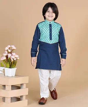 LIL PITAARA Pure Cotton Full Sleeves Placement Floral Motif Printed Kurta & Pajama Set - Blue