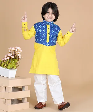 LIL PITAARA Pure Cotton Full Sleeves Placement Motif Printed Kurta & Pajama - Yellow