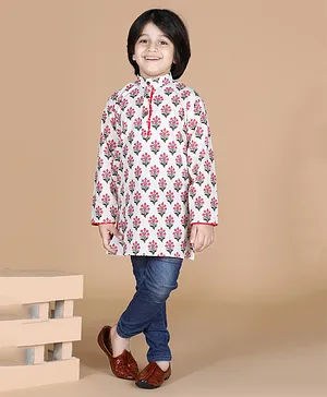 LIL PITAARA Pure Cotton Full Sleeves All Over Floral Printed Kurta - White