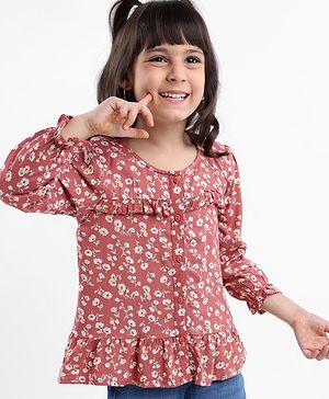 Babyhug Full Sleeves Rayon Top With Floral Print And Frill Detailing- Brown
