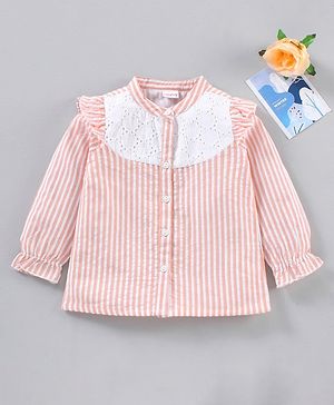 Babyhug Full Sleeves Seer-Sucker Striped Poly-Cotton Top With Shiffli & Frill Detailing- Peach