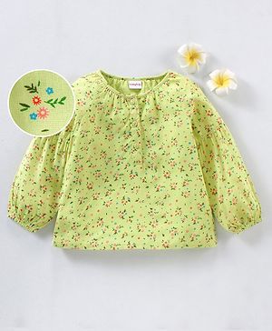 Babyhug Full Sleeves Rayon Top With Front Open & Floral Print - Green