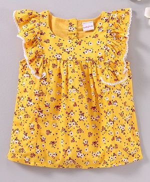 Babyhug Frill Sleeves Rayon Top With Floral Print & Embroidery Detailing- Mustard