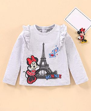 Babyhug Cotton Knit Full Sleeves Disney T-shirt with Minnie Mouse Applique & Frill Detailing- Ecru Melange