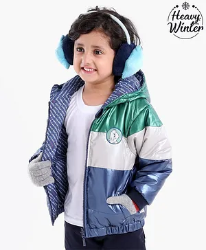 Babyoye Full Sleeves Hooded and Puffed Reversible Jacket Colour Block Pattern - Blue