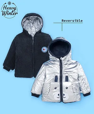 Babyoye Full Sleeves Polyester Reversible Hooded Jacket 3D Applique- Silver