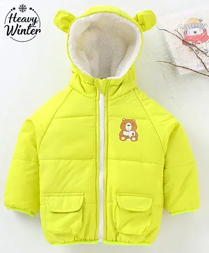 Babyoye Full Sleeves Hooded Padded Jacket Teddy Print - Lime