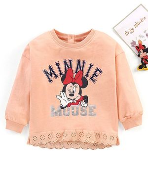 Babyhug Full Sleeves Cotton Knit MINNIE MOUSE Sweatshirt with Foil print & Schiffli Lace Detailing - Peach