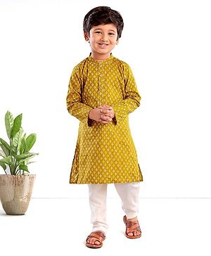 Babyhug Full Sleeves Printed Kurta Pyjama Set - Mustard