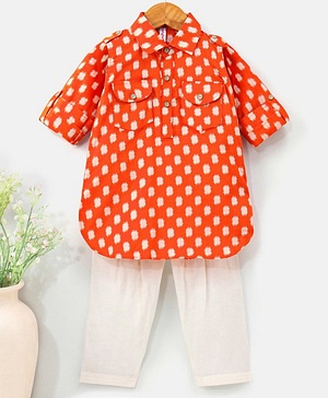 Babyhug Full Sleeves Kurta and Pyjama Set Block Print - Orange & Cream