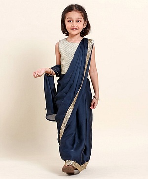 Babyhug Silk Sleeveles Sequenced Choli with Ready to Wear Saree- Navy