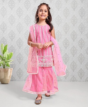 Babyhug Sleeveless Kurti & Sharara With Dupatta Embroidered - Pink