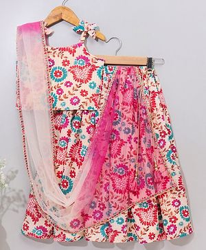 Babyhug Woven Sleeveless Choli & Lehenga With Dupatta Ethnic Print - Beige