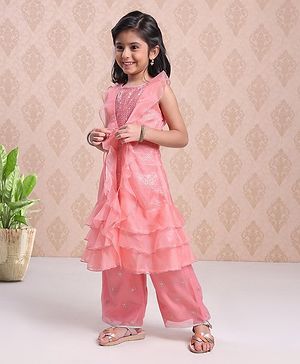 Babyhug Sleeveless Sequinned Kurti With Attached Jacket Style Duptta & Sharara - Light Pink