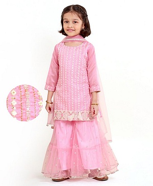 Babyhug Three Forth Sleeves Kurti & Sharara With Dupatta Sequin Embroidery - Candy Pink