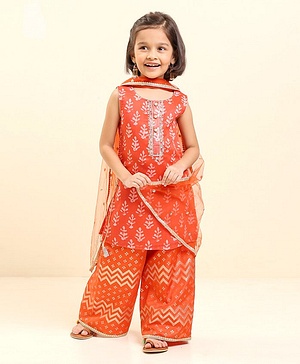 Babyhug Sleeveless Kurti & Sharara With Dupatta Printed- Red