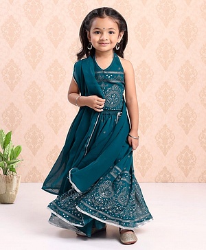 Babyhug Sleeveless Printed Choli & Lehenga Set With Dupatta - Blue