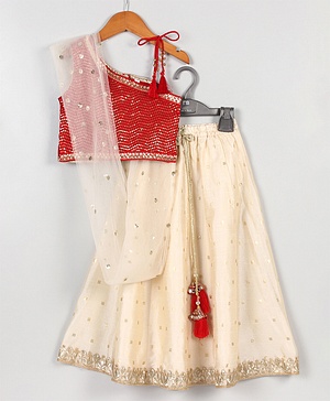 Babyhug One Shoulder Sleeves Embellished Choli & Lehenga Set With Dupatta - Off White