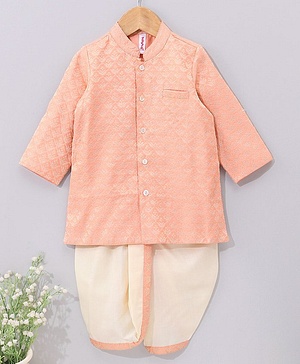 Babyhug Full Sleeves Brocade Kurta & Dhoti Set Ethnic Design - Coral