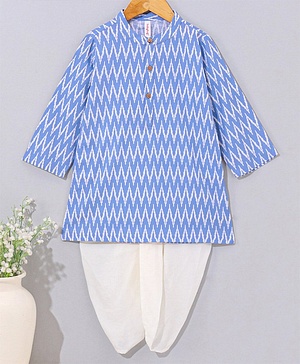 Babyhug Woven Full Sleeves Kurta And Dhoti Set Ikkat Print - Blue