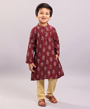 Babyhug Full Sleeves Kurta & Pyjama Set Floral Print - Maroon Beige