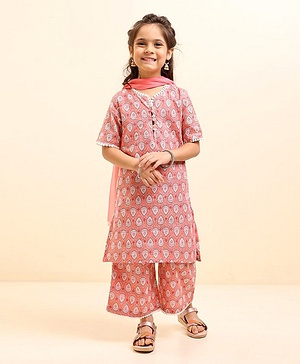 Babyhug Cotton Woven Half Sleeves Ethnic Printed Kurti Plazoo And Dupatta - Peach